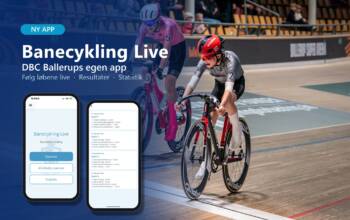 Banecykling Live: to telefoner med appen foran et spurtløb på banen i Ballerup